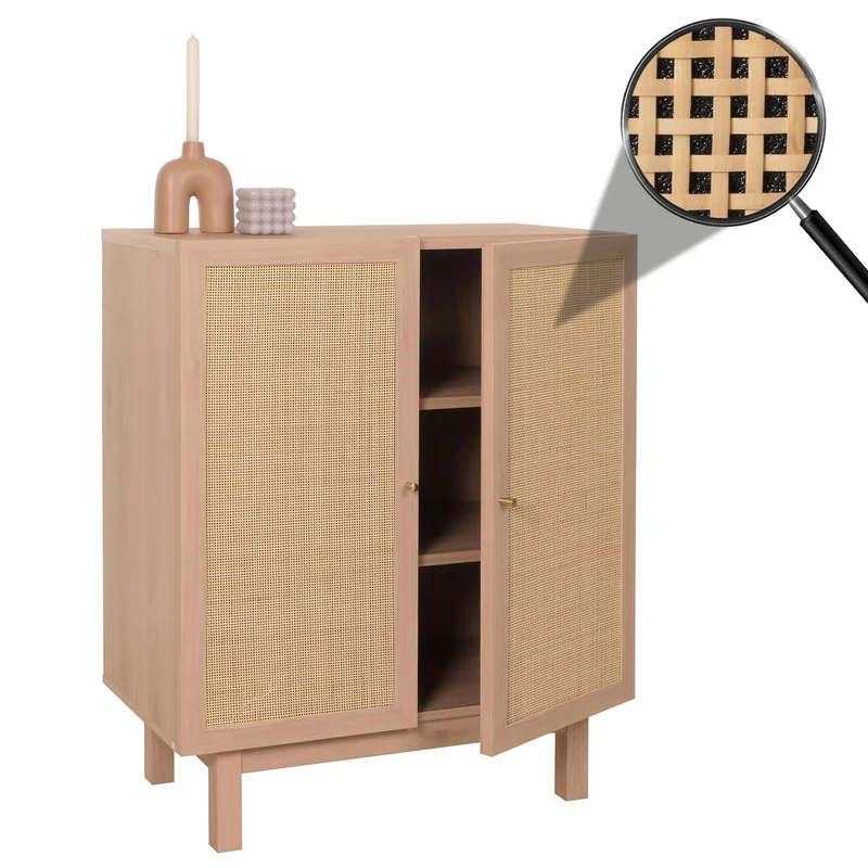 Buffet meuble de rangement avec 3 compartiments en bois massif mango kubu rotin 98 x 79 x 42 cm naturel 04_000598