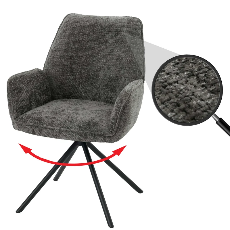 Chaise de salle à manger avec accoudoir rotative en tissu chenille gris foncé et cadre trépied 04_0006357