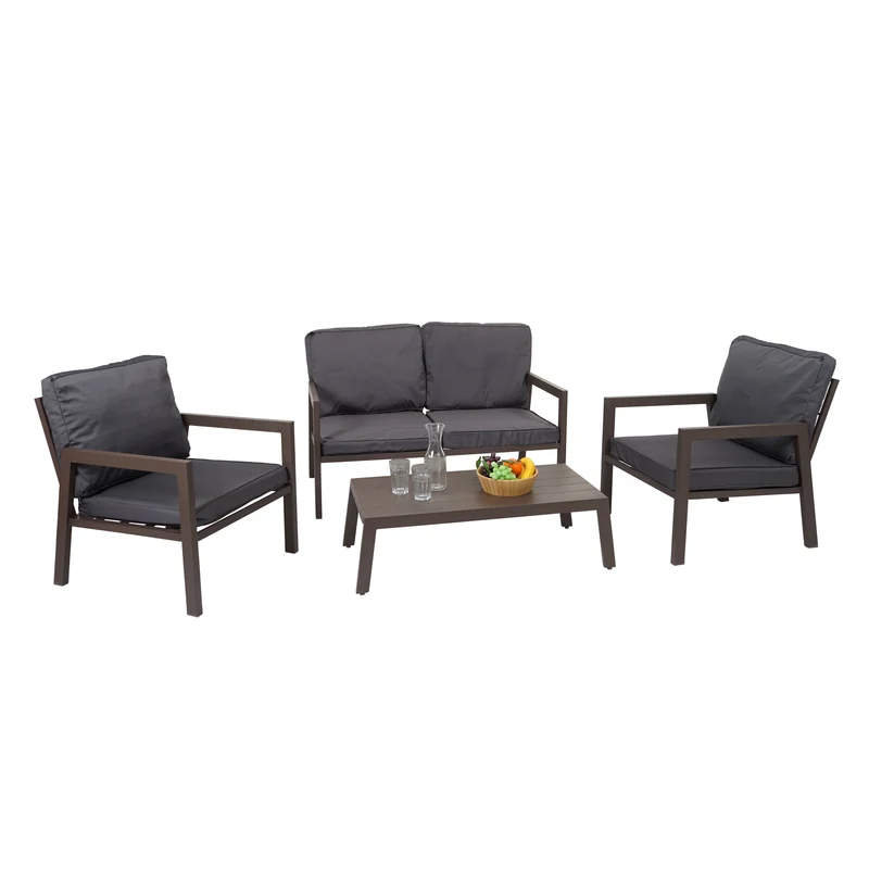 Salon de jardin ensemble canapé fauteuils et table revêtement en métal avec coussin gris 04_0006767