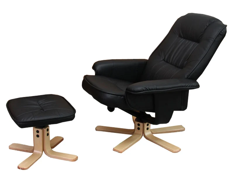 Fauteuil de relaxation TV avec repose-pieds tabouret pouf en PVC noir et bois d'eucalyptus 04_0006837