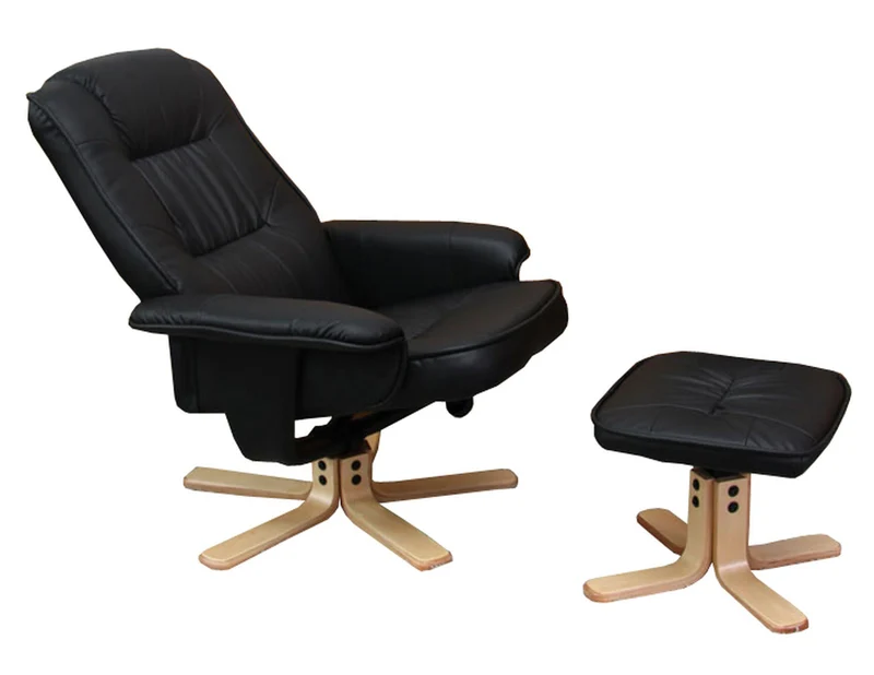 Fauteuil de relaxation TV avec repose-pieds tabouret pouf en PVC noir et bois d'eucalyptus 04_0006837