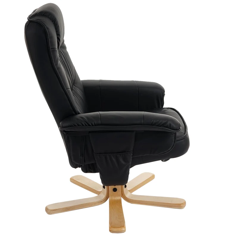 Fauteuil de relaxation TV avec repose-pieds tabouret pouf en PVC noir et bois d'eucalyptus 04_0006837