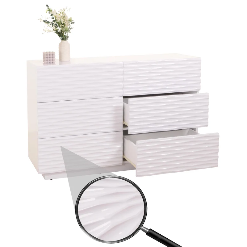 Commode armoire buffet 6 tiroirs design 3d ouverture par pression en bois massif de manguier MDF 81x120x42 cm blanc brillant 04_0006529