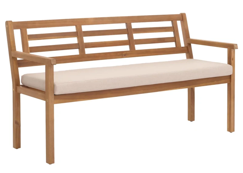 Banc de jardin en bois d'acacia massif avec dossier et accoudoirs inclus coussin crème-beige 04_0005837