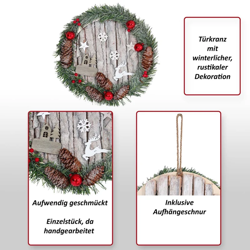 Couronne de porte décorative décoration de noël pommes de pin bois ronde diamètre 30 cm 04_0006551
