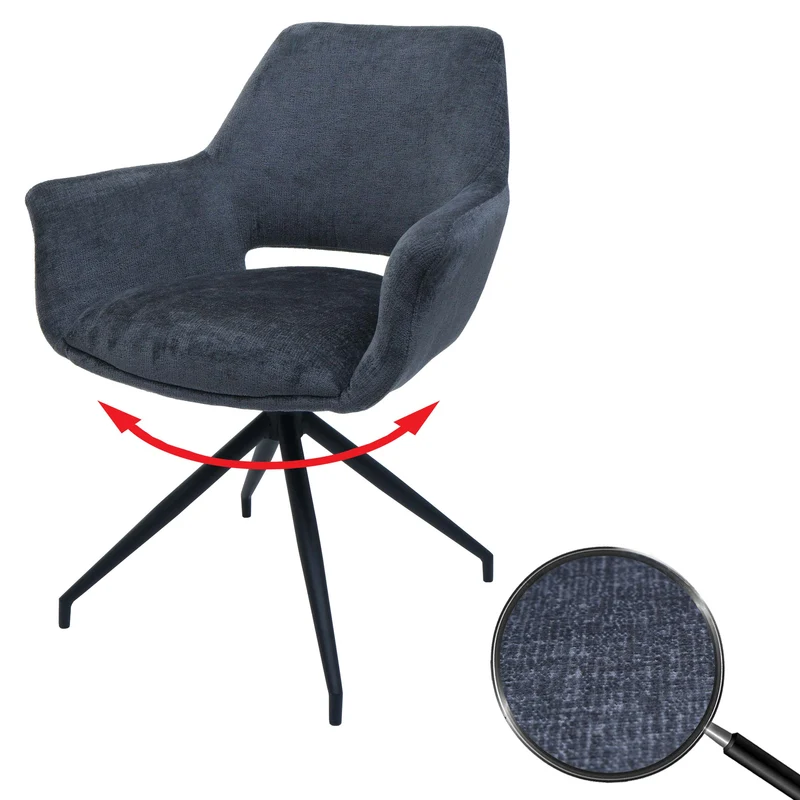 Chaise de salle à manger x1 rembourrée avec accoudoir rotatif en tissu gris foncé et métal 04_0006350
