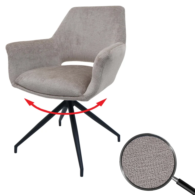 Chaise de salle à manger x1 rembourrée avec accoudoir rotatif en tissu taupe et métal 04_0006348
