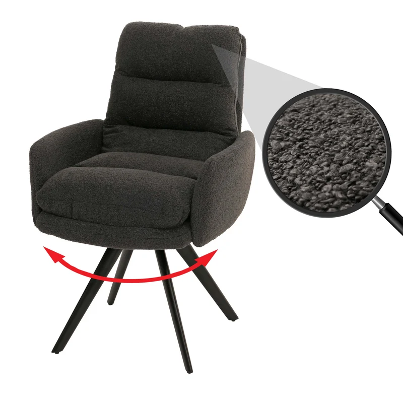 Chaise de salle à manger chaise de cuisine pivotante position automatique tissu/textile bouclé mvg gris foncé avec accoudoir 04_0006288
