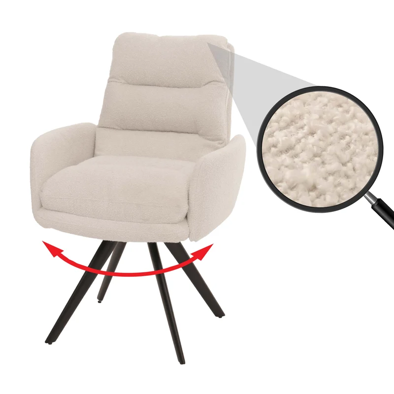 Chaise de salle à manger chaise de cuisine pivotante position automatique tissu/textile bouclé blanc crème avec accoudoir 04_0006285