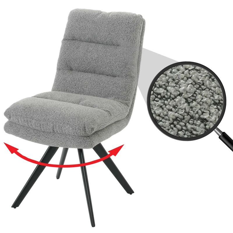 Chaise de salle à manger x1 rotatif en tissu bouclé gris clair rembourrage épais coins arrondis 04_0006279