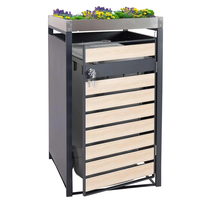 Abri poubelle avec bac à plantes porte verrouillable 125 x 68 x 80 cm métal aspect bois de hêtre anthracite 04_0005704
