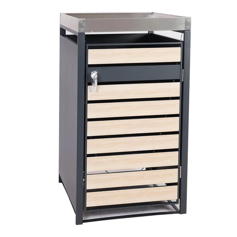 Abri poubelle avec bac à plantes porte verrouillable 125 x 68 x 80 cm métal aspect bois de hêtre anthracite 04_0005704