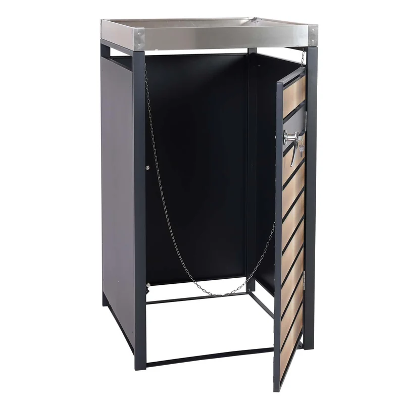 Abri poubelle avec bac à plantes porte verrouillable 125 x 68 x 80 cm métal aspect bois de hêtre anthracite 04_0005704
