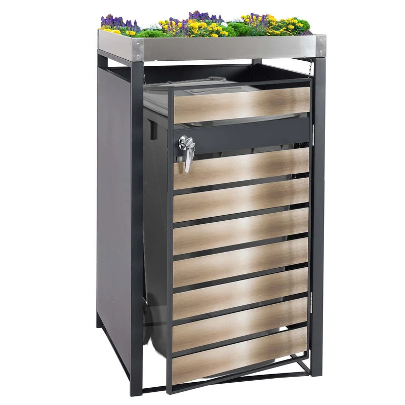 Abri poubelle avec bac à plantes porte verrouillable 125 x 68 x 80 cm métal anthracite doré 04_0005703