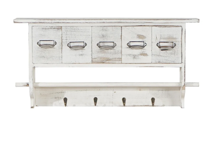 Porte-manteau mural vintage 5 tiroirs avec 4 crochets 32x65x13 cm aspect vieilli blanc 04_0005760