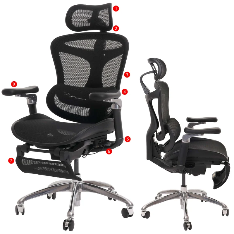 Fauteuil de bureau pivotant support lombaire ergonomique avec repose-pieds rabattable et accoudoirs réglables maille noir 04_0006233