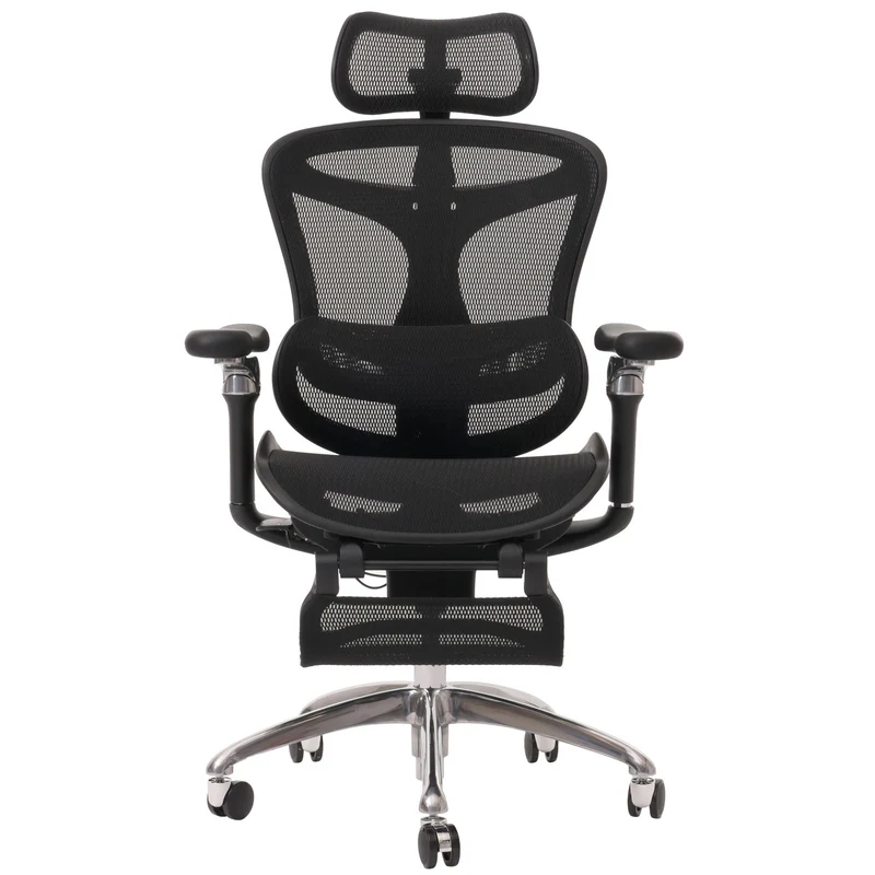 Fauteuil de bureau pivotant support lombaire ergonomique avec repose-pieds rabattable et accoudoirs réglables maille noir 04_0006233