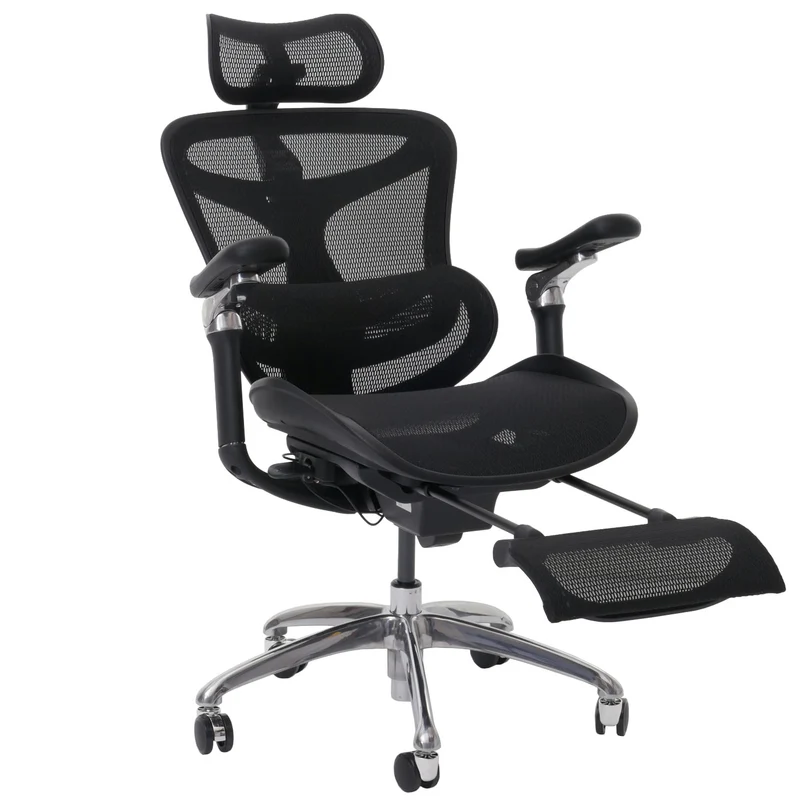 Fauteuil de bureau pivotant support lombaire ergonomique avec repose-pieds rabattable et accoudoirs réglables maille noir 04_0006233