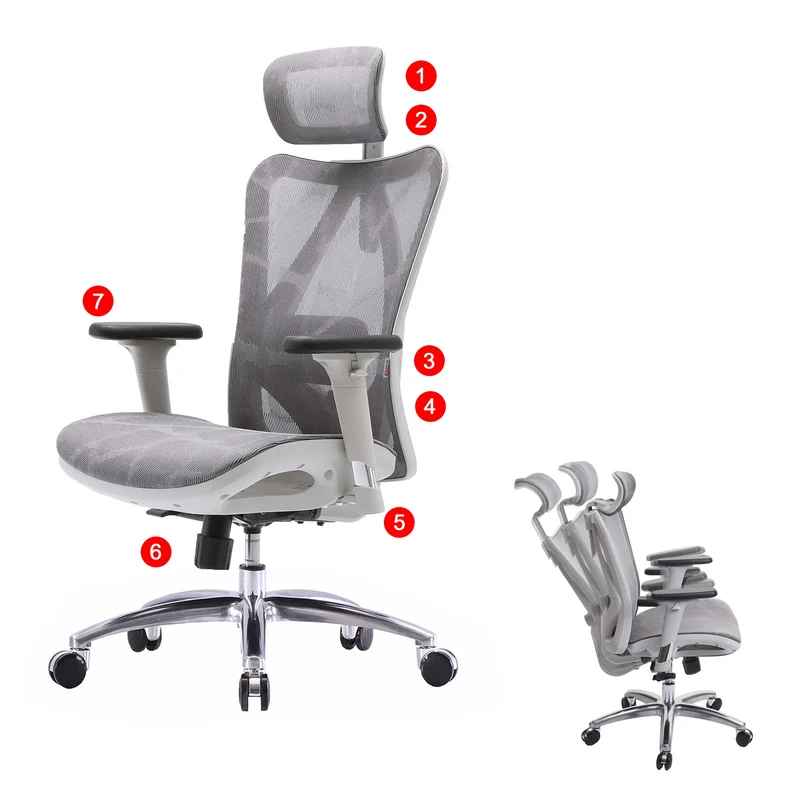 Fauteuil de bureau ergonomique avec accoudoirs hauteur réglable en maille gris cadre blanc 04_0006216