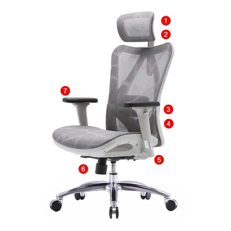 Fauteuil de bureau ergonomique avec accoudoirs hauteur réglable en maille gris cadre blanc 04_0006216