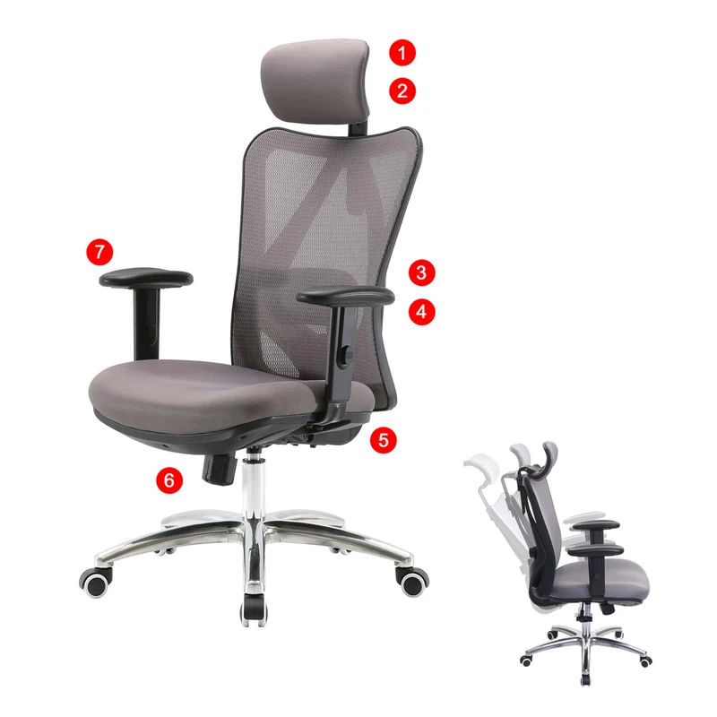 Fauteuil de bureau avec support lombaire ergonomique réglable en hauteur en maille gris 04_0006213