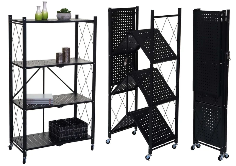 Etagère hwc-j85 étagère sur pied étagère de séjour pliable/pliable acier noir 4 niveau x 04_0006781
