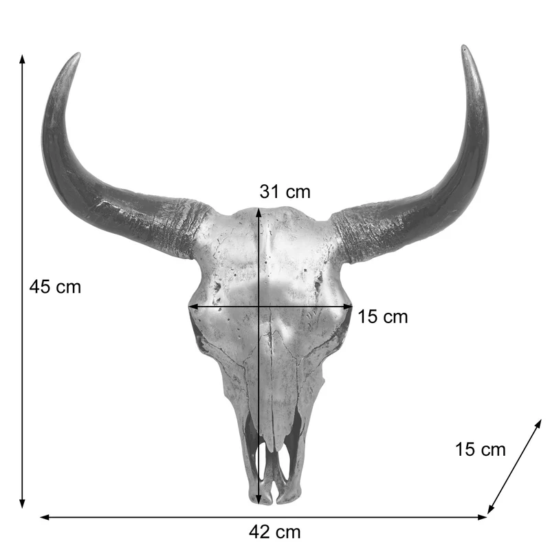 Crâne décoratif 45 cm polyrésine taureau tête de taureau longhorn trophée argenté 04_0006600