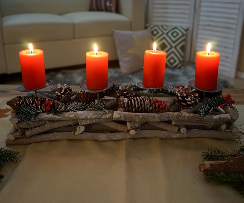 Couronne de l'avent allongée décoration de noël arrangement de l'avent bois 11 x 15 x 50 cm blanc-gris avec bougies rouges 04_0006547