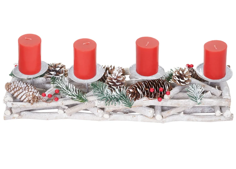 Couronne de l'avent allongée décoration de noël arrangement de l'avent bois 11 x 15 x 50 cm blanc-gris avec bougies rouges 04_0006547