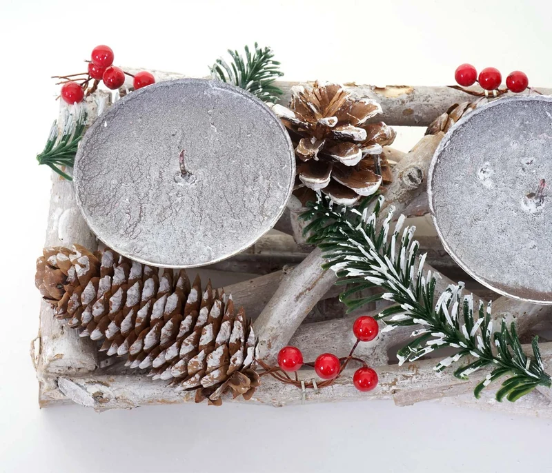 Couronne de l'avent allongée décoration de noël arrangement de l'avent bois 11 x 15 x 50 cm blanc-gris avec bougies rouges 04_0006547