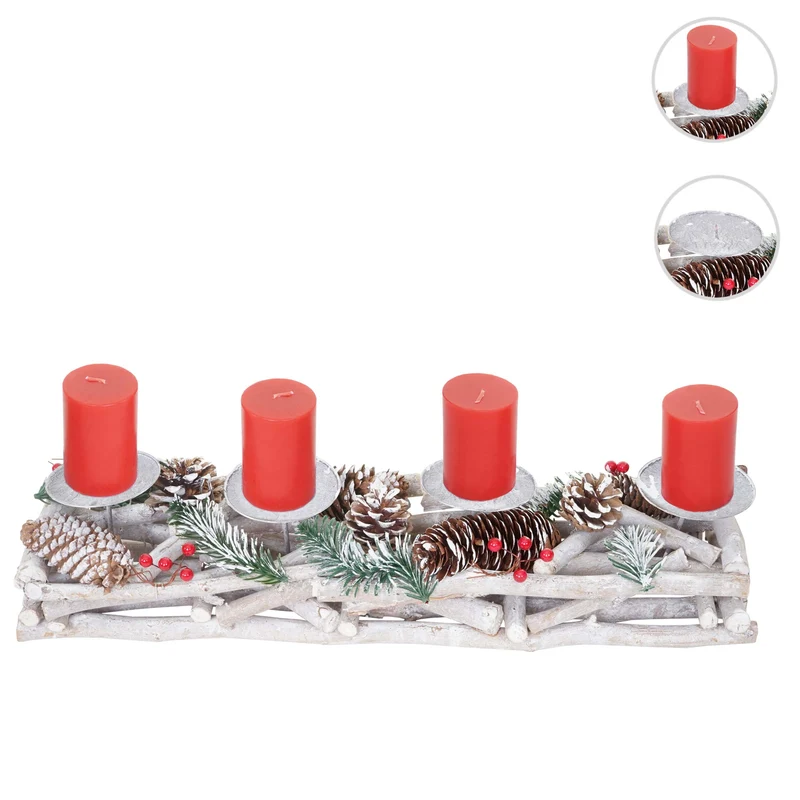 Couronne de l'avent allongée décoration de noël arrangement de l'avent bois 11 x 15 x 50 cm blanc-gris avec bougies rouges 04_0006547