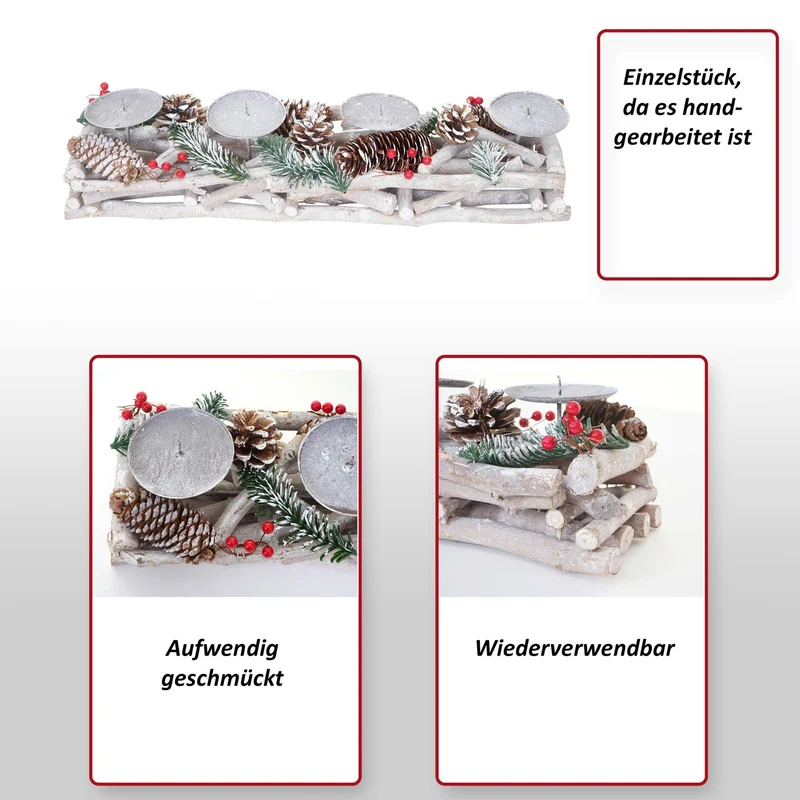 Couronne de l'avent allongée décoration de noël arrangement de l'avent bois 11 x 15 x 50 cm blanc-gris avec bougies rouges 04_0006547