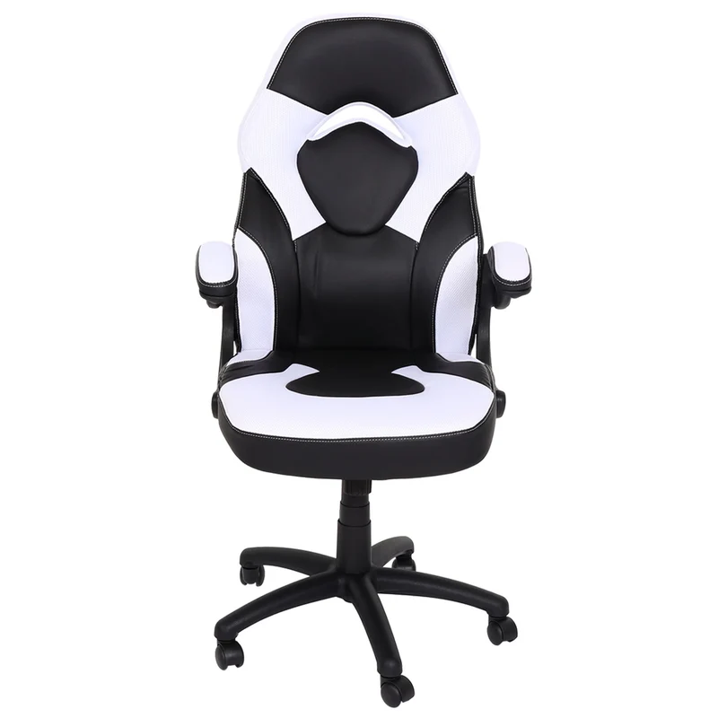 Chaise de bureau pivotante avec accoudoir réglable en hauteur PVC noir et blanc 04_0006226