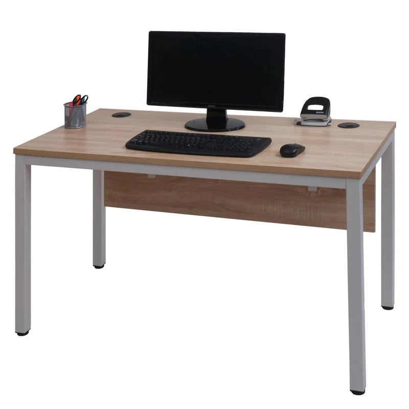 Bureau table d'ordinateur avec paroi arrière et canaux de câbles 120x60 cm en métal blanc et MDF couleur naturel 04_0006050