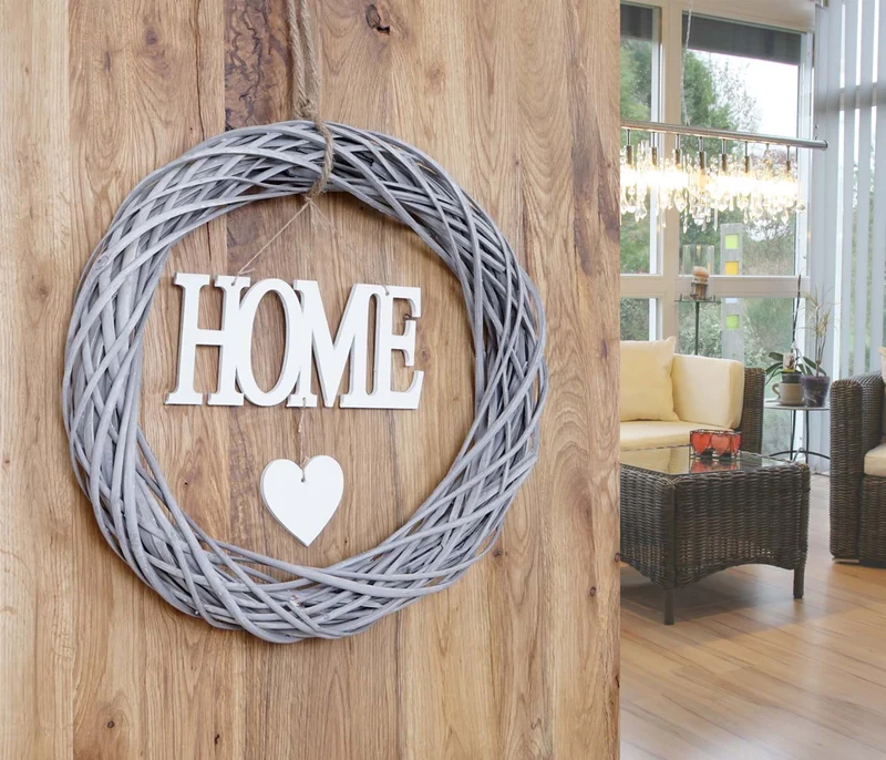 Couronne de porte Home rond, guirlande murale en bois Ø 40cm blanc-gris 04_0002574