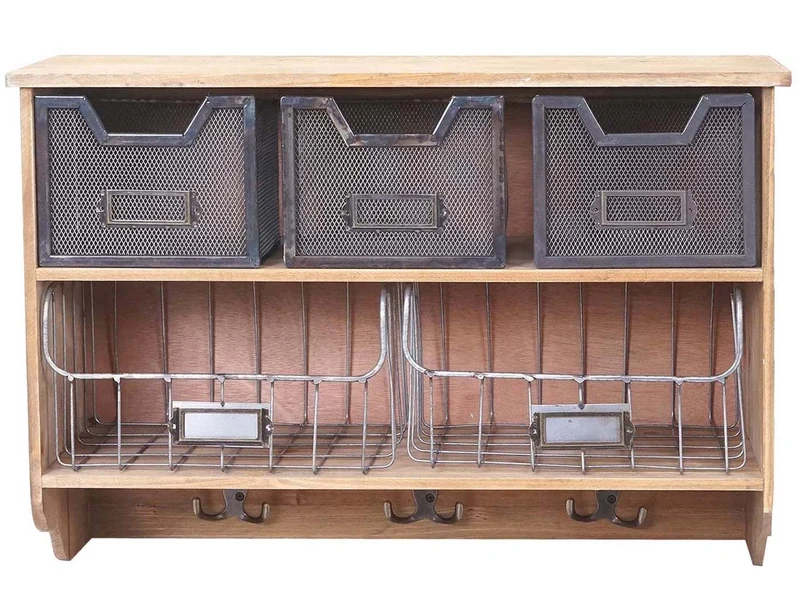 Étagère de cuisine murale design vintage en bois de sapin avec 3 crochets et paniers de rangement 42x60x24cm 04_0000976