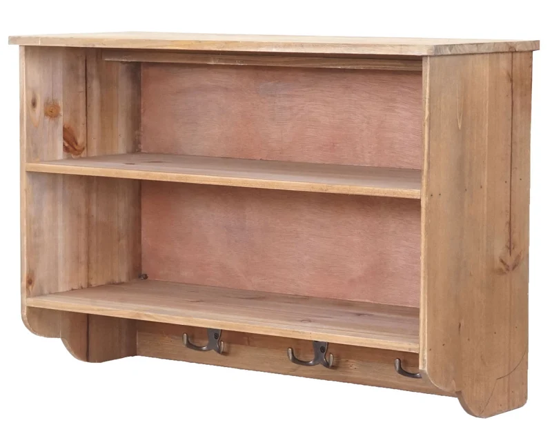 Étagère de cuisine murale design vintage en bois de sapin avec 3 crochets et paniers de rangement 42x60x24cm 04_0000976
