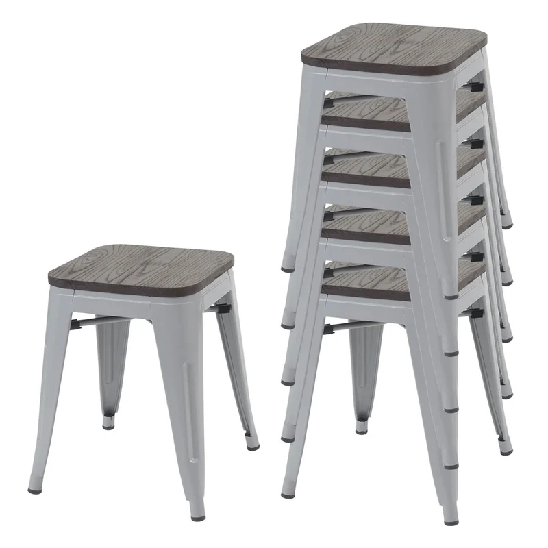 Lot de 6 tabourets bas avec assise en bois empilable en métal design industriel gris 04_0000913