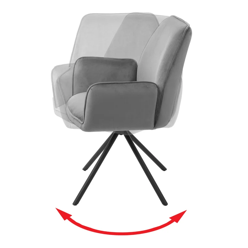 Lot de 6 chaises de salle à manger rotative avec accoudoirs en velours gris foncé cadre trépied noir 04_0000863
