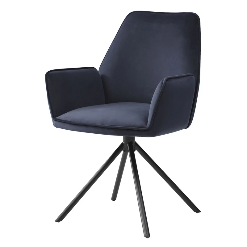 Lot de 6 chaises de salle à manger rotative avec accoudoirs en velours bleu anthracite cadre trépied noir 04_0000861