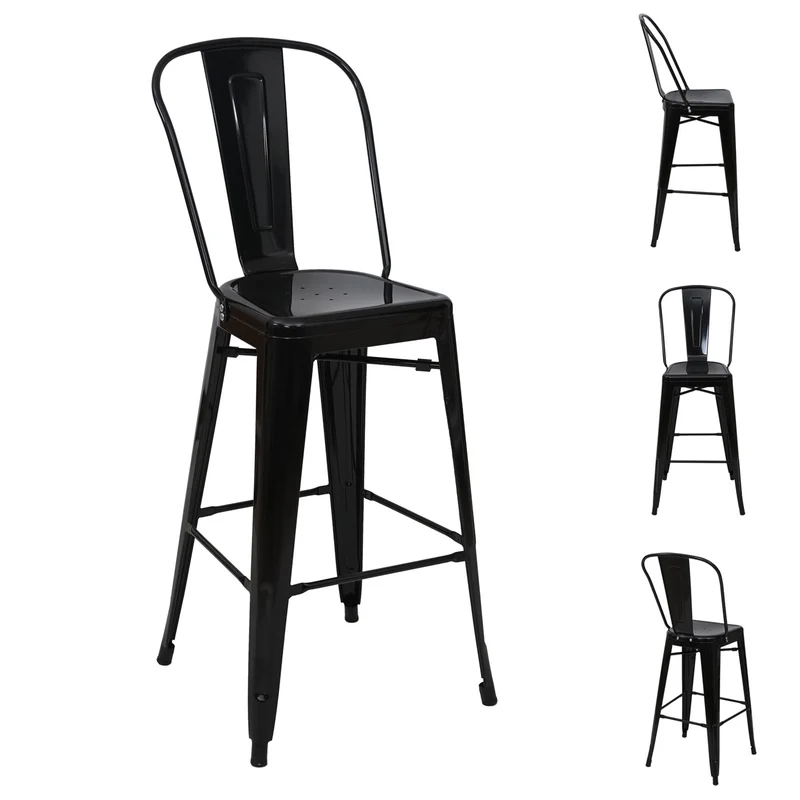 Lot de 4 tabourets de bar avec dossier design industriel en métal noir avec repose-pieds 04_0000612