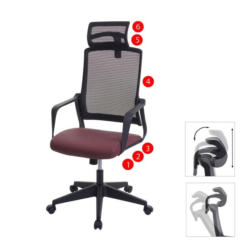 Fauteuil de bureau ergonomique pivotante avec accoudoirs et dossier en tissu mesh bordeaux-rouge 04_0001880