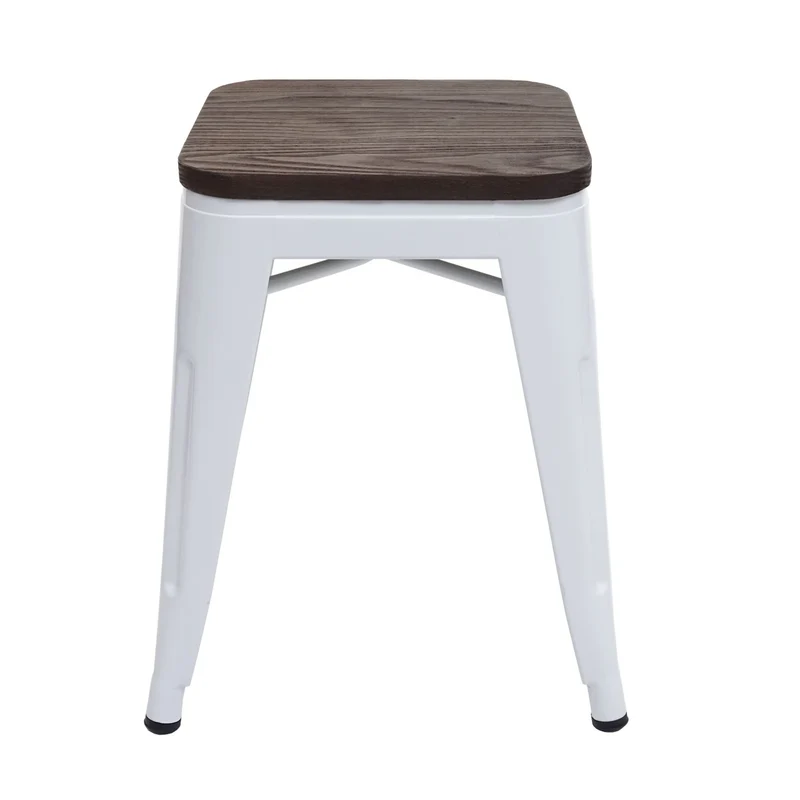 Tabouret bas avec assise en bois design industriel empilable en métal blanc 04_0005327