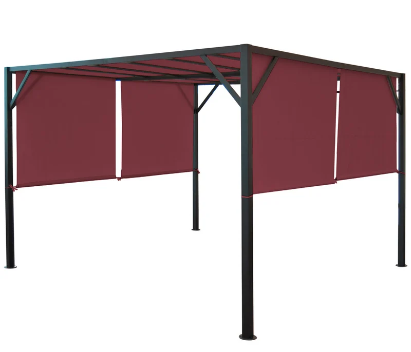 Pergola pavillon de jardin toit terrasse structure acier stable 6cm + toit coulissant rouge bordeaux 4x4m 04_0004073