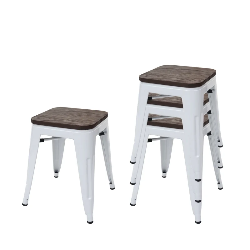 Lot de 4 tabourets bas design industriel empilables assise en bois en métal blanc 04_0005229