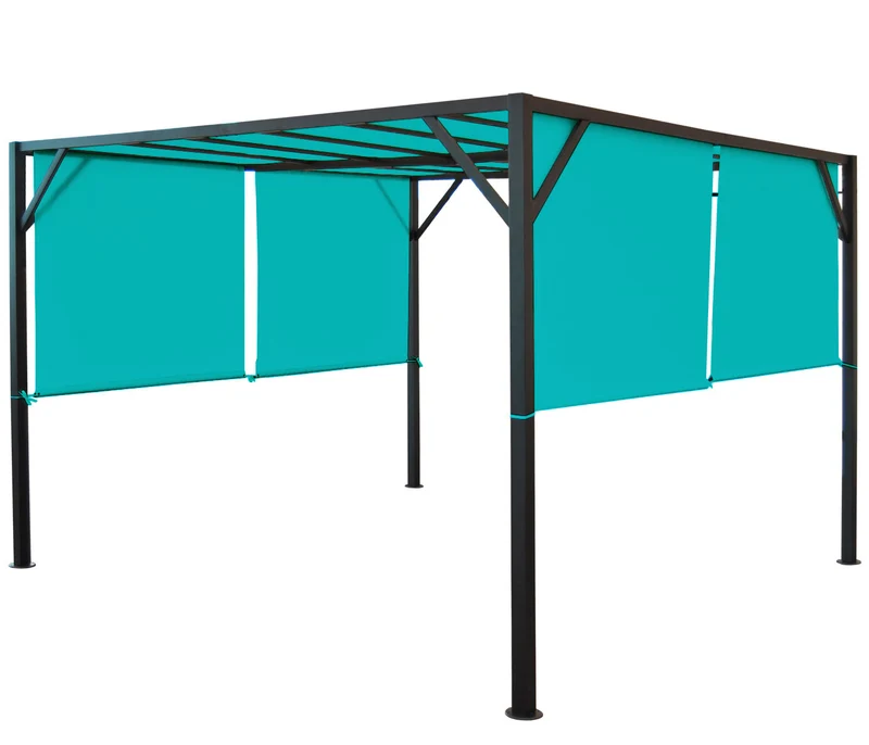 Pergola pavillon de jardin toit terrasse, structure acier stable 6cm + toit coulissant bleu turquoise 3x4m 04_0004081