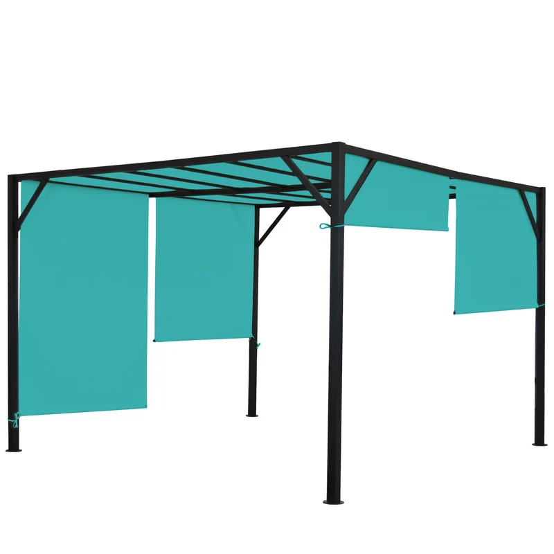 Pergola pavillon de jardin toit terrasse, structure acier stable 6cm + toit coulissant bleu turquoise 3x3m 04_0004070