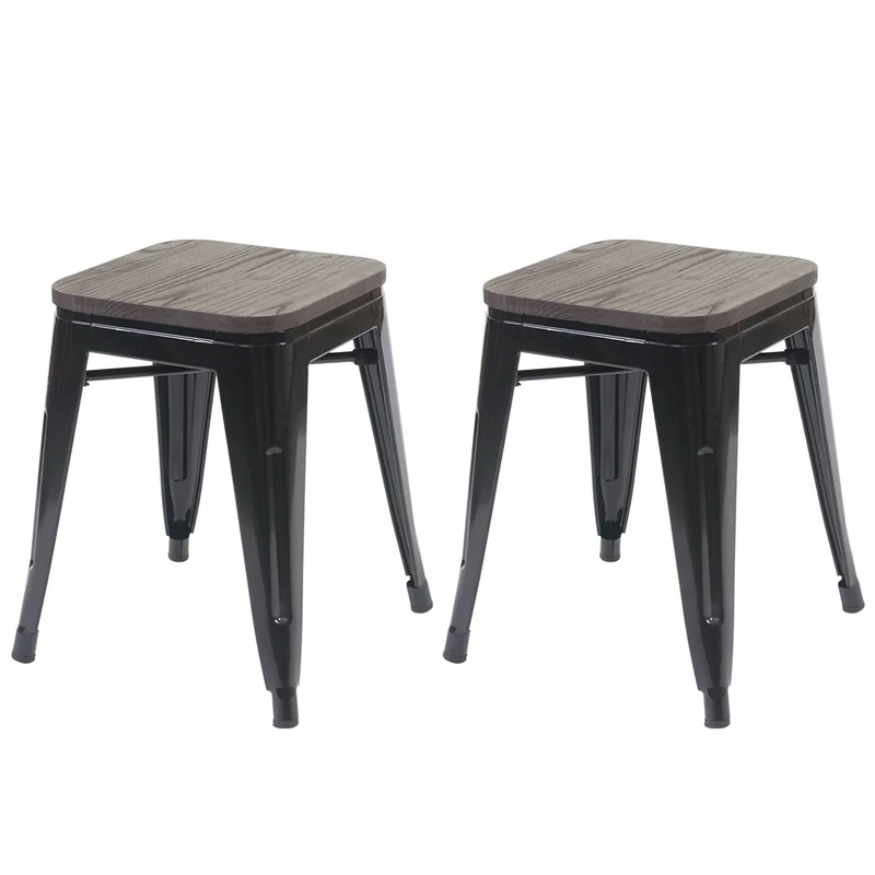 Lot de 2 tabourets assise en bois empilable design industriel en métal noir 04_0005215