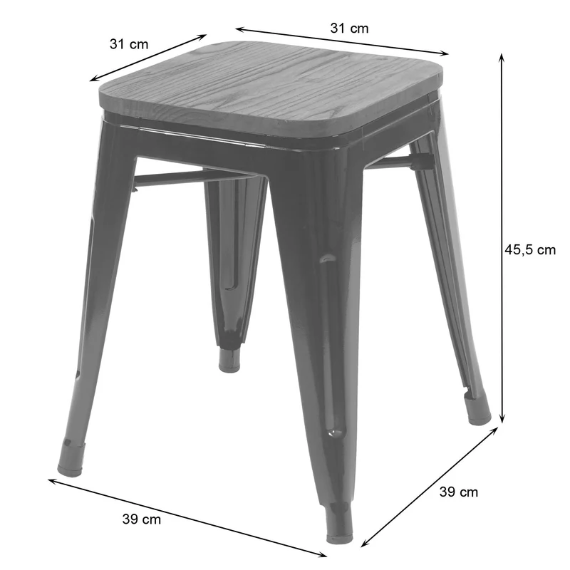 Lot de 2 tabourets assise en bois empilable design industriel en métal noir 04_0005215