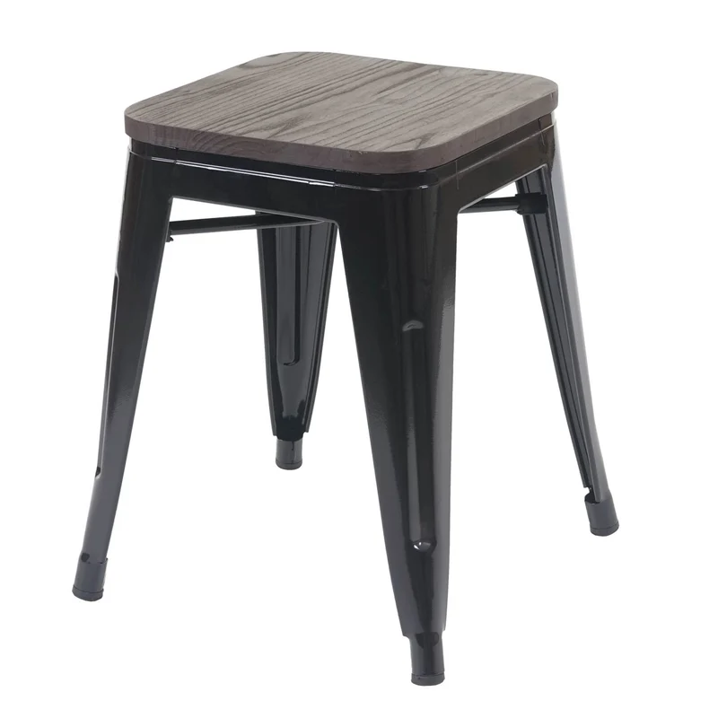 Lot de 2 tabourets assise en bois empilable design industriel en métal noir 04_0005215